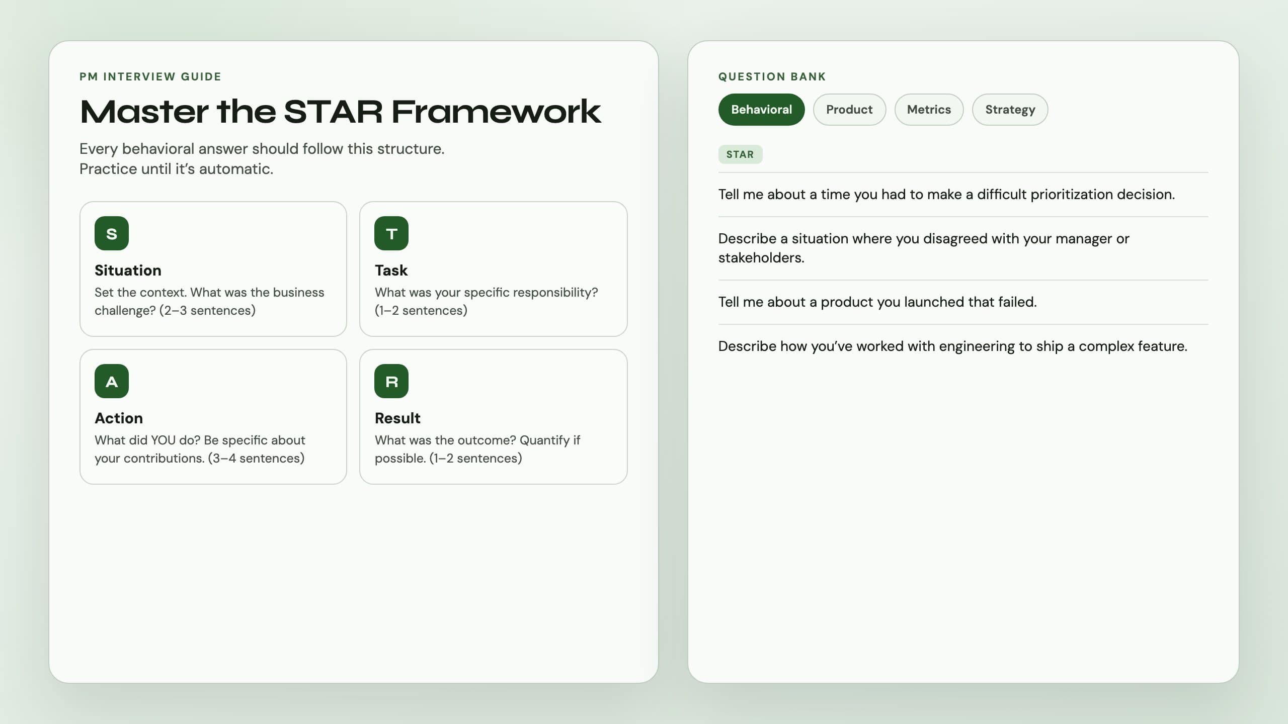 STAR framework panels and behavioral question bank from the PM Interview Guide