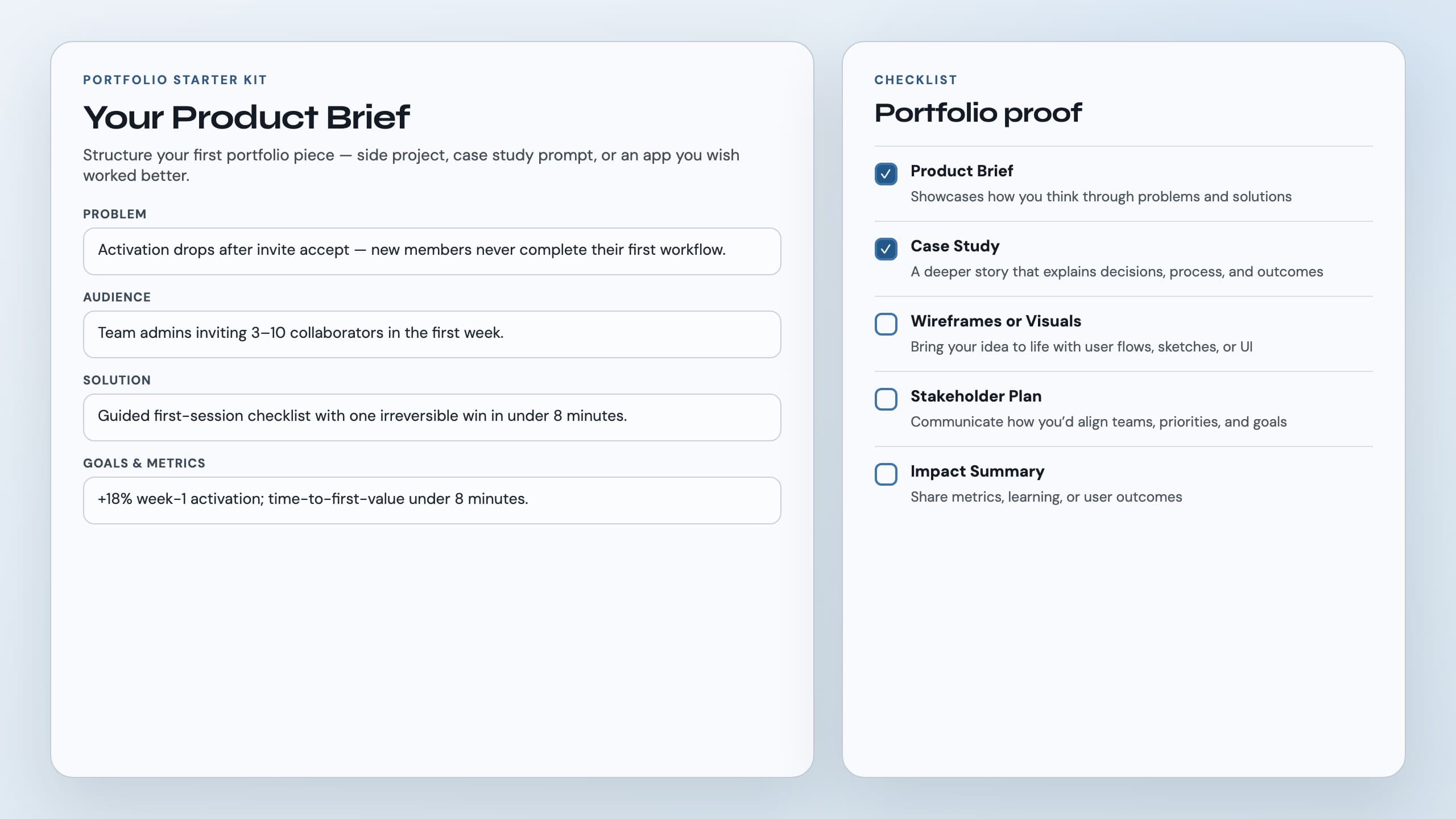 Filled product brief template beside the portfolio proof checklist